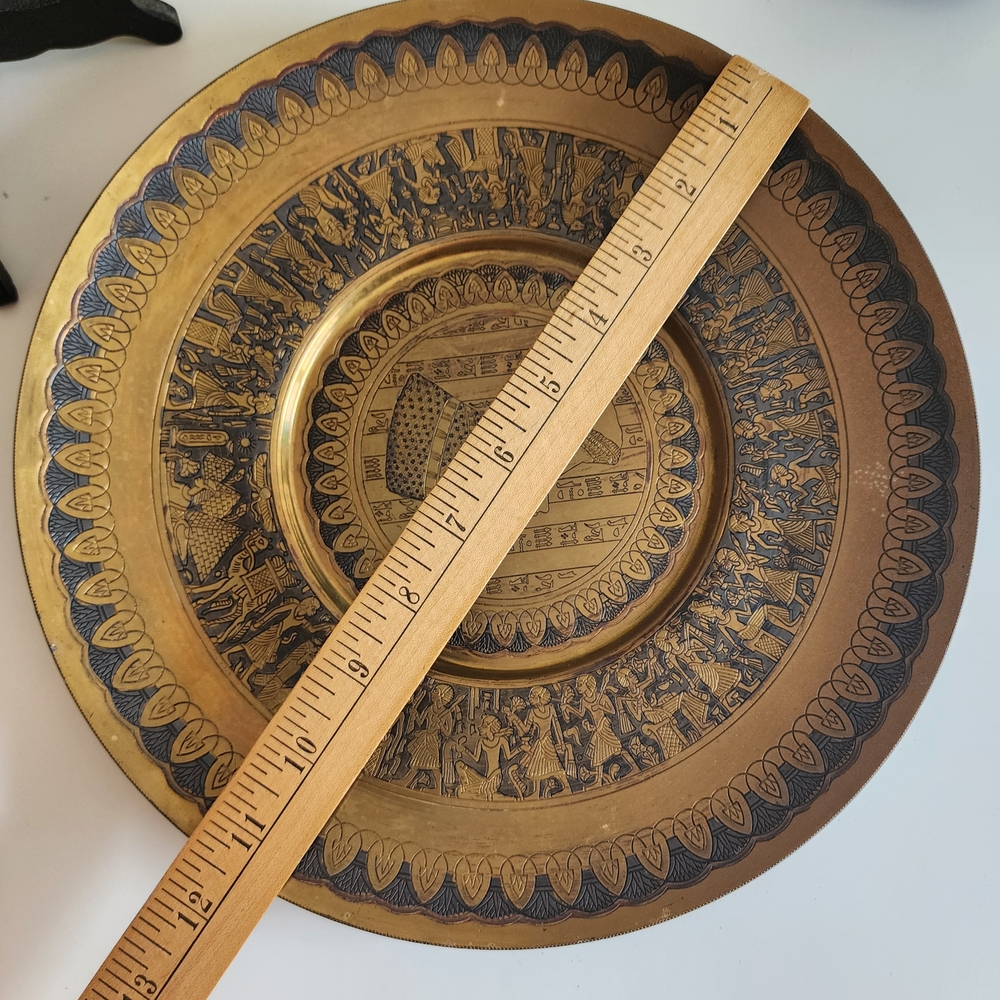 Large Vintage Brass Tray, Egyptian Revival, Mixed Metal Etched Cairoware, Boho